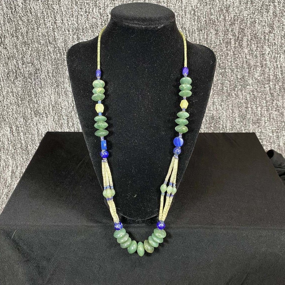 Vintage Handmade Jade Lapis Bali‎ Silver Gemstone Three Strand Beads Necklace